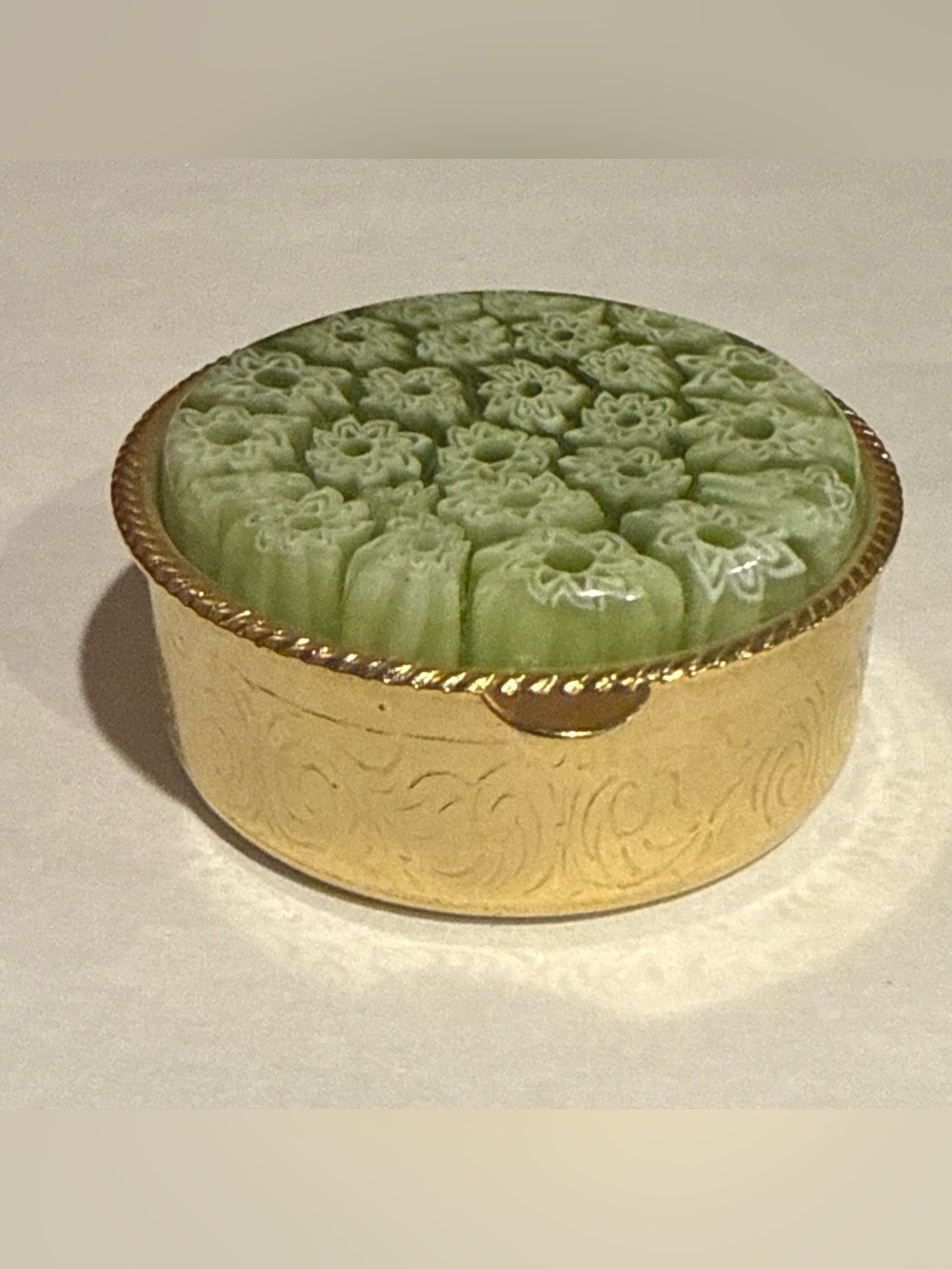 Vintage Italian Brass Tone Etched Metal Trinket Pill Box Millefiori Green Lid